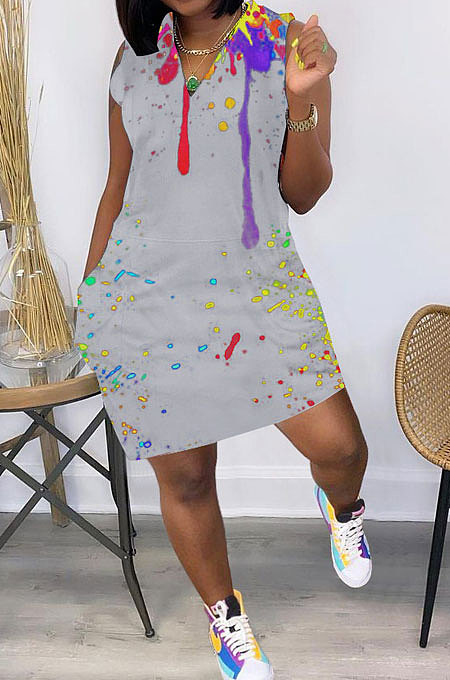 Women Positioning Ink Jet V Neck Sleeveless Mini Dress JR3622