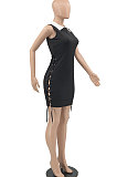 Club Women Eyelet Bandage Sexy Ribber Turn-Down Collar Sleeveless Mini Dress MLM9067