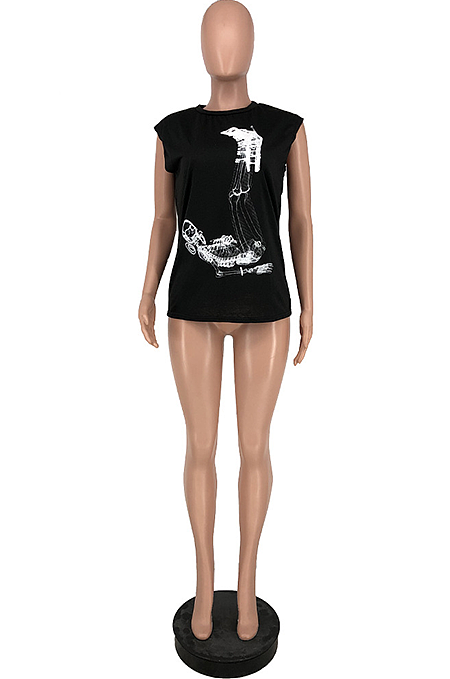 Street Fashion Print Sleeveless Round Neck Black T-Shirt ZZS8379