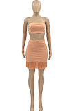 Pure Color Bandeau Bra Tassel Skirts Sets AD0506