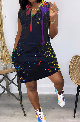 Women Positioning Ink Jet V Neck Sleeveless Mini Dress JR3622