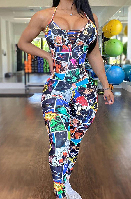 Sexu Cartoon Graphic Print Hang A Neck Backless Jumpsuits LMM8236