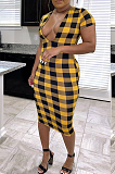  Euramerican Casual Short Sleeve Slim Plaid Midi Dress ZZS8380