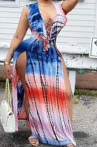 Women Sleeveless Drawsting Cardigan Positioning Printing Long Dress JR3612