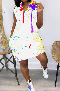 Women Positioning Ink Jet V Neck Sleeveless Mini Dress JR3622