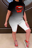 Women Fashion Gradual Change Lip Printing Shorts Sets AA5242