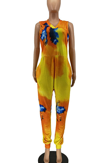 Trendy Colorful Tie Dye Cotton V Neck Sleeveless Loose Casual Jumpsuit AA5243