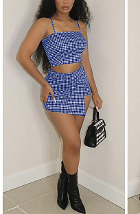 Euramerican Women Sexy Backless Plaid Divided Shirts Sets ZZS8376