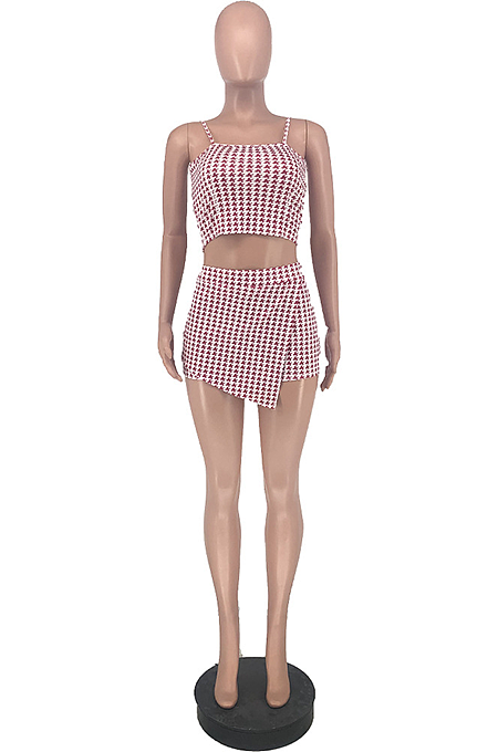 Euramerican Women Sexy Backless Plaid Divided Shirts Sets ZZS8376