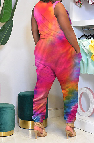 Trendy Colorful Tie Dye Cotton V Neck Sleeveless Loose Casual Jumpsuit AA5243