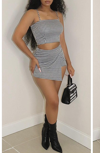 Euramerican Women Sexy Backless Plaid Divided Shirts Sets ZZS8376
