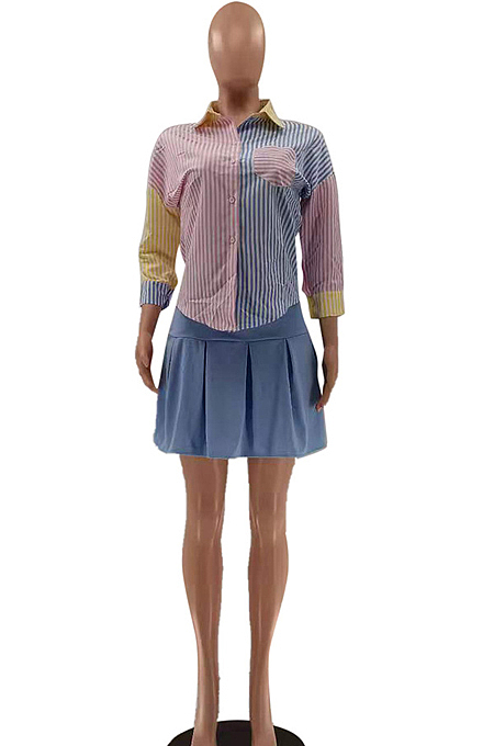 Euramerican Fashion Stripe Splied Shirt Shorts Skirt Two-Piece LSZ9097