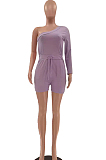 Fashion Pure Color Single Sleeve Inclined Shoulder Drawsting Jumpsuits LSZ9095