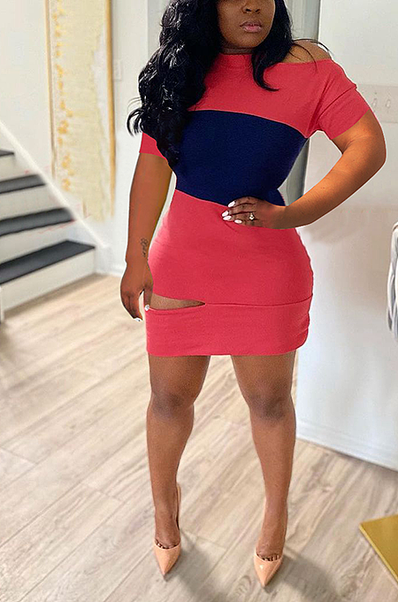 Strapless Stripes Holes Hanging Around  Neck Mini Dress  ZZS8377