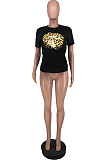Euramerican Casual Short Sleeve T-Shirt With Cartoon Lip Print ZZS8378