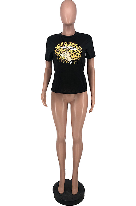 Euramerican Casual Short Sleeve T-Shirt With Cartoon Lip Print ZZS8378