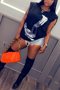 Street Fashion Print Sleeveless Round Neck Black T-Shirt ZZS8379