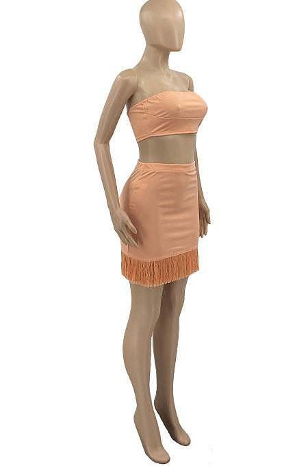 Pure Color Bandeau Bra Tassel Skirts Sets AD0506