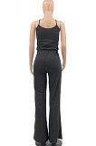 Euramerican Women Pure Color Cotton Casual Trendy Condole Belt Drawsting Wide Leg Jumpsuits MLM9066