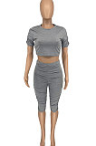 Pure Color Casual Shirred Detail Tight Sport Shorts Sets ATE5127