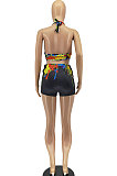 Women Fashion Splash-Ink Textile Printing Off Shoulder Backless Bind Shorts Sets AA5247