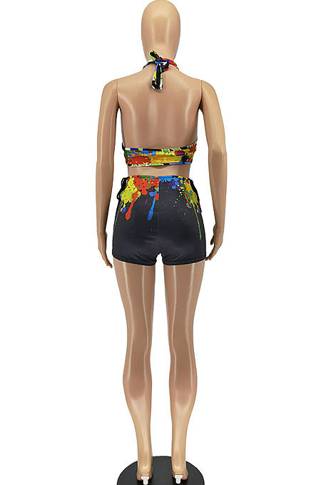 Women Fashion Splash-Ink Textile Printing Off Shoulder Backless Bind Shorts Sets AA5247