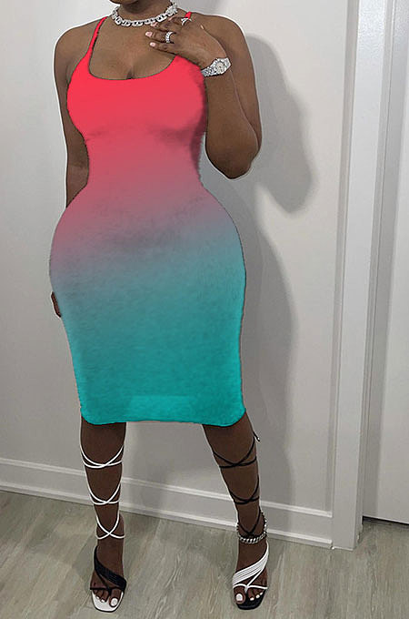 Women Trendy Multi Gradient Color Condole Belt Mini Dress AA5241