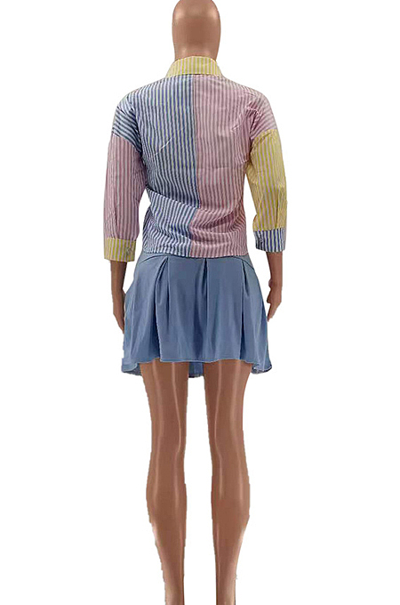 Euramerican Fashion Stripe Splied Shirt Shorts Skirt Two-Piece LSZ9097