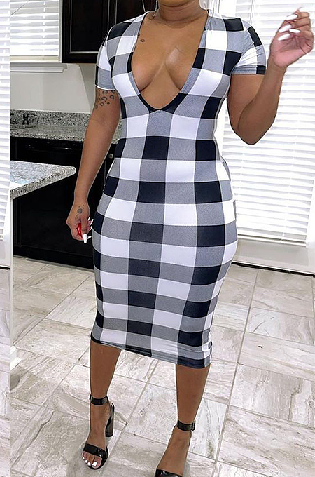  Euramerican Casual Short Sleeve Slim Plaid Midi Dress ZZS8380