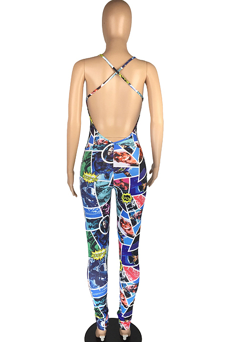 Sexu Cartoon Graphic Print Hang A Neck Backless Jumpsuits LMM8236