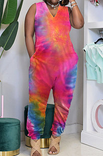 Trendy Colorful Tie Dye Cotton V Neck Sleeveless Loose Casual Jumpsuit AA5243