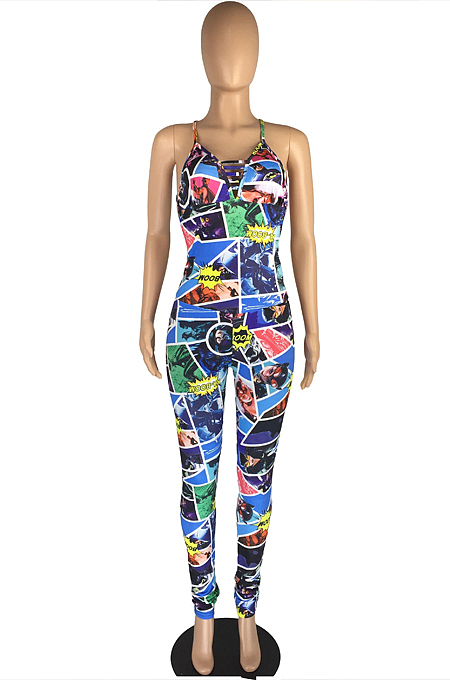 Sexu Cartoon Graphic Print Hang A Neck Backless Jumpsuits LMM8236
