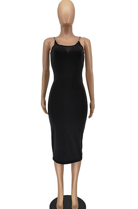 Trendy Chain Tight Pure Color Round Neck Off Shoulder Midi Dress AA5244