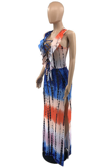 Women Sleeveless Drawsting Cardigan Positioning Printing Long Dress JR3612