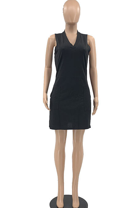 Euramerican Women V Neck Pure Color Sleeveless Mini Dress JR3617