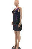 Women Positioning Ink Jet V Neck Sleeveless Mini Dress JR3622