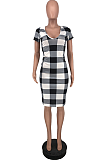  Euramerican Casual Short Sleeve Slim Plaid Midi Dress ZZS8380