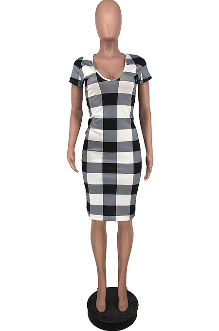  Euramerican Casual Short Sleeve Slim Plaid Midi Dress ZZS8380