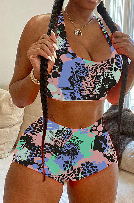 Euramerican Casual Cololful Print Sports Vest Shorts Two-Piece LY031 