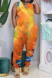 Trendy Colorful Tie Dye Cotton V Neck Sleeveless Loose Casual Jumpsuit AA5243