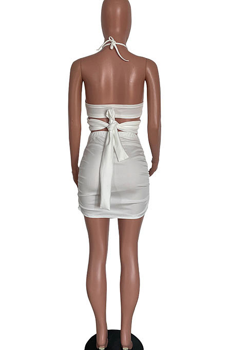Sexy Pure Color Spliced Condole Belt V Neck Cultivate One's Morality Cross Skirts Sets HM5473