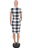  Euramerican Casual Short Sleeve Slim Plaid Midi Dress ZZS8380
