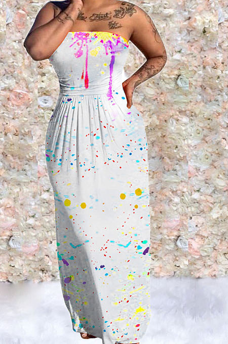 Ink Jet Positioning Printing Boob Tube Top Long Dress JR3615