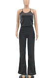 Euramerican Women Pure Color Cotton Casual Trendy Condole Belt Drawsting Wide Leg Jumpsuits MLM9066