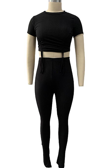 Fashion Casual Drawsting Open Fork Toning Two-Piece LY032