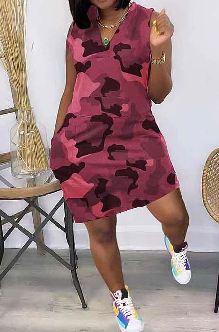 Women Sleeveless V Neck Camo Mini Dress JR3620