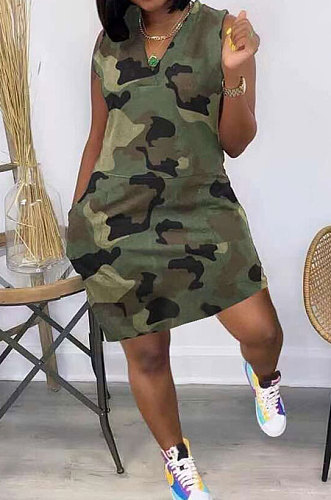 Women Sleeveless V Neck Camo Mini Dress JR3620