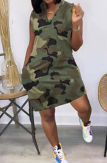 Women Sleeveless V Neck Camo Mini Dress JR3620