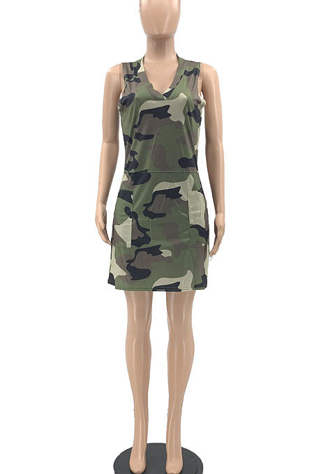 Women Sleeveless V Neck Camo Mini Dress JR3620