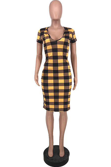  Euramerican Casual Short Sleeve Slim Plaid Midi Dress ZZS8380